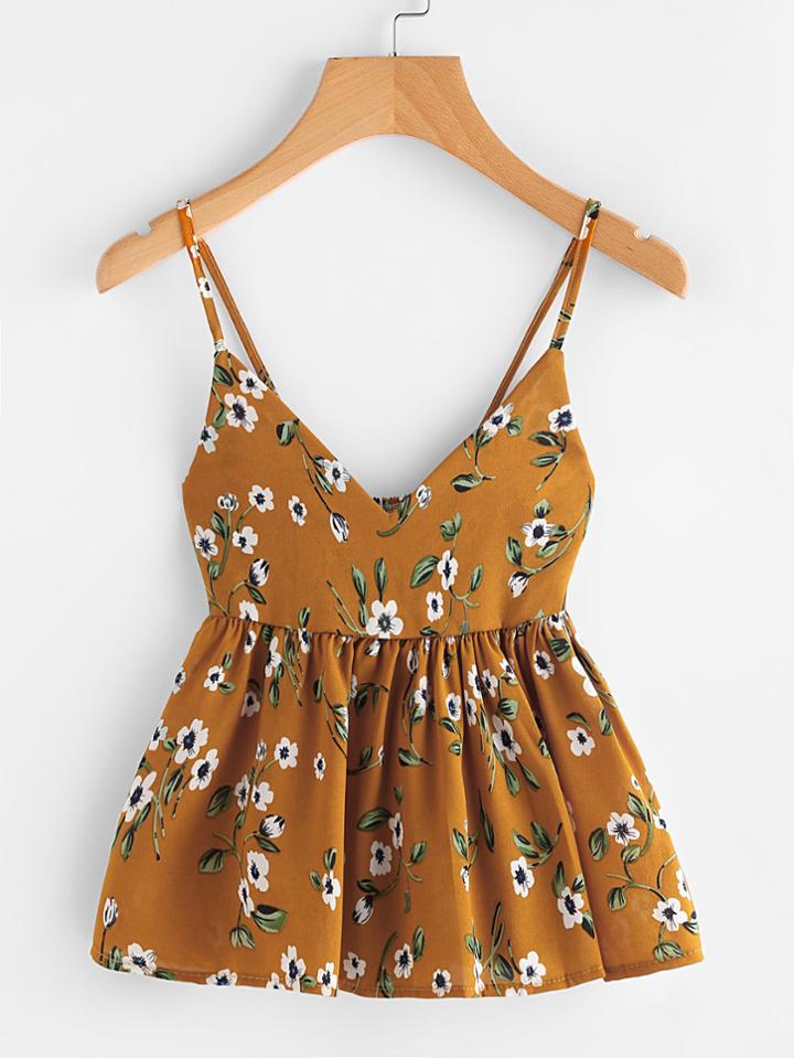Romwe Floral Print Frill Hem Cami Top