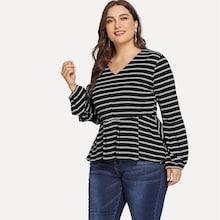 Romwe Plus Ruffle Hem Striped Tee