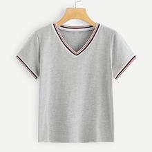 Romwe Striped Panel V-neck Tee