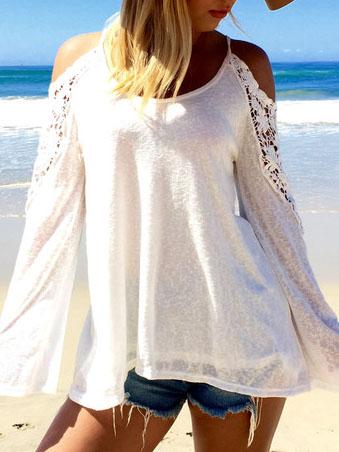 Romwe Cutout Shoulder Lace Insert Long Sleeve Top - White
