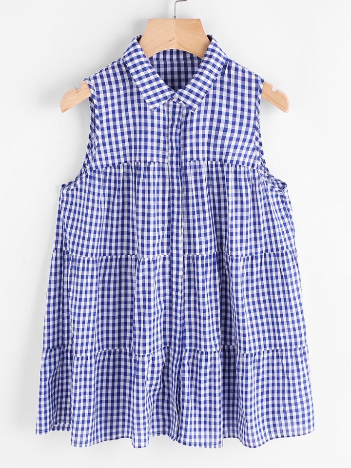 Romwe Pointed Collar Hidden Button Tiered Gingham Shirt