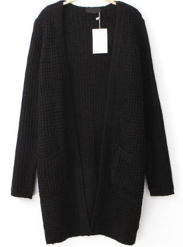 Romwe Pockets Knit Black Cardigan