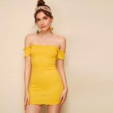 Romwe Off Shoulder Lettuce Trim Ribbed Dress