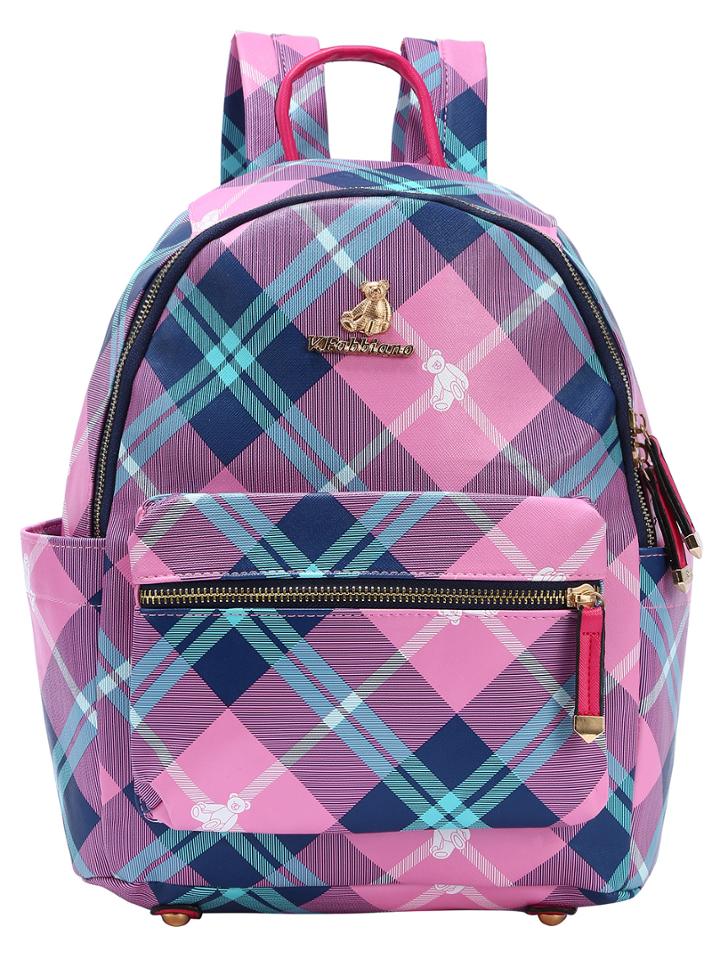 Romwe Pink Plaid Faux Leather Backpack