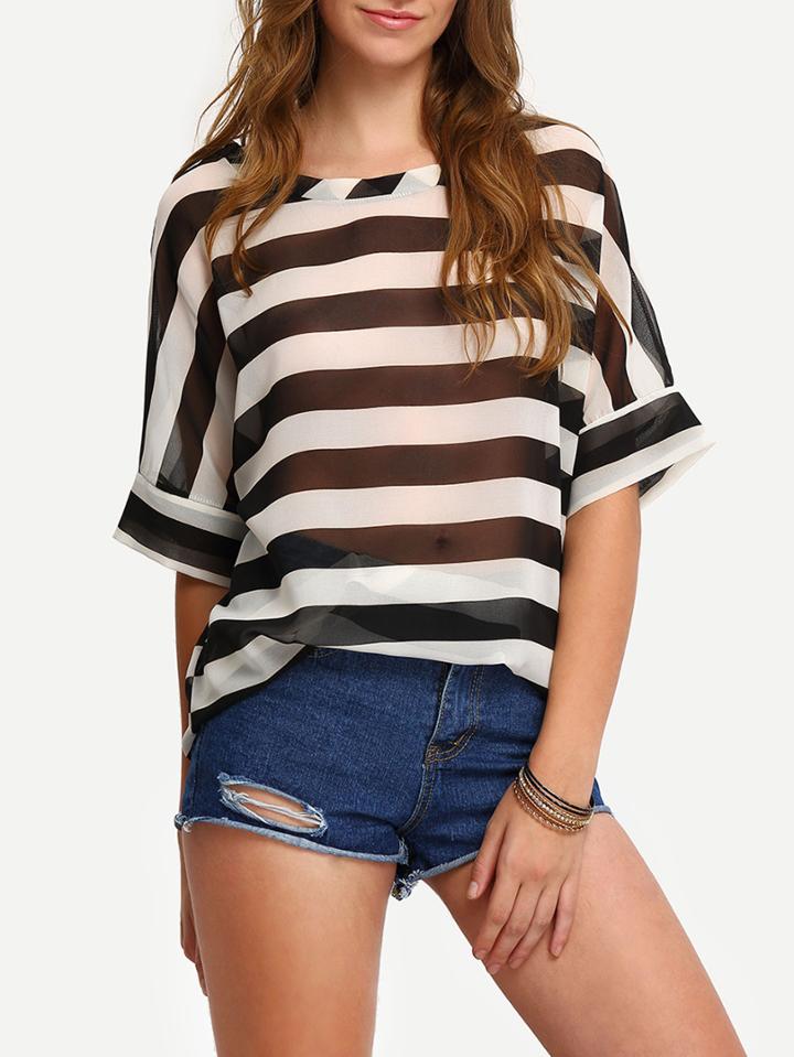 Romwe Striped Chiffon Shirt