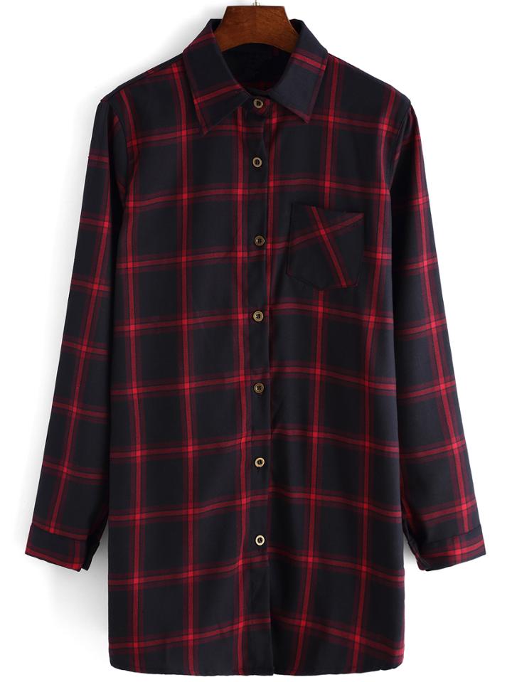 Romwe Lapel Plaid Buttons Pocket Long Blouse