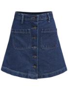 Romwe Pockets Single Breasted Denim A-line Skirt