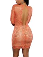 Romwe Deep V-neck Cutout Lace Bodycon Dress - Orange