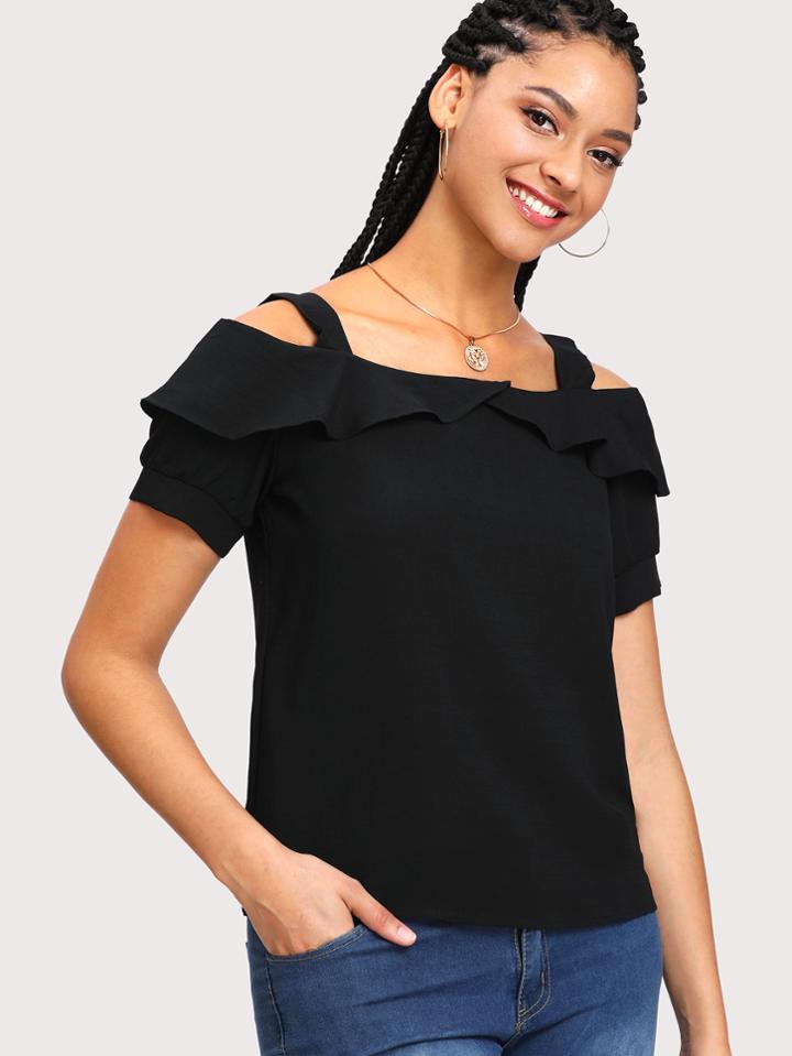 Romwe Cold Shoulder Petal Ruffle Trim Top