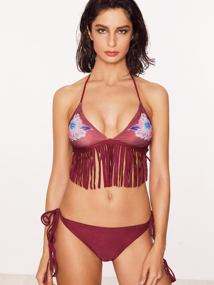 Romwe Red Floral Print Fringe Detail Side Tie Bikini Set