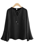 Romwe Black Bell Sleeve Lace Up Chiffon Shirt