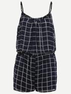 Romwe Navy Grid Spaghetti Strap Chiffon Romper