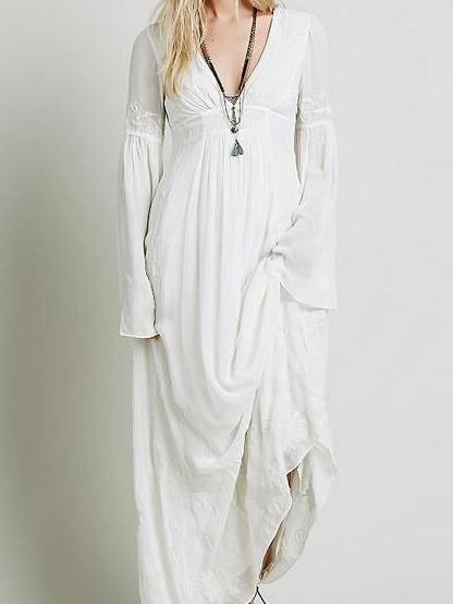 Romwe Deep V Neck Embroidered Maxi Beige Dress
