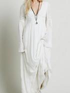 Romwe Deep V Neck Embroidered Maxi Beige Dress