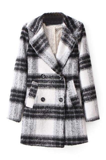 Romwe Double-breasted Black Check Coat