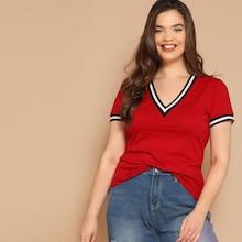 Romwe Plus V-neck Ringer Top