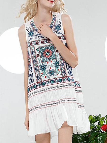 Romwe White Embroidered Pleated High Low Dress
