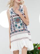 Romwe White Embroidered Pleated High Low Dress