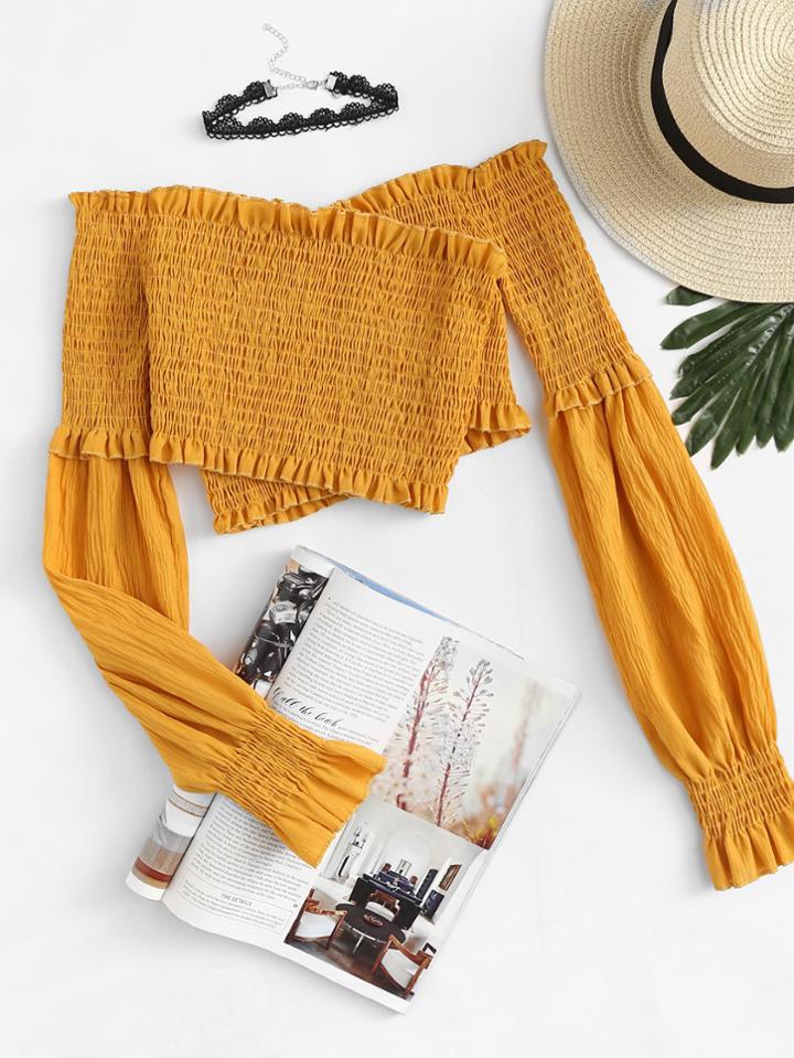 Romwe Off Shoulder Frill Trim Pleated Top