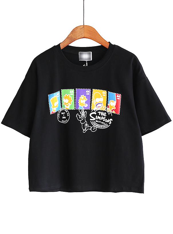 Romwe Simpson Print Loose Crop Black T-shirt