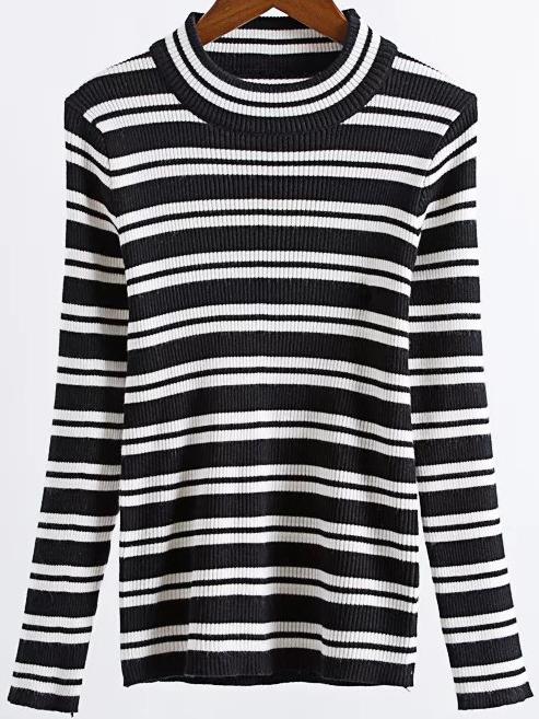 Romwe Black And White Striped Round Neck Knitwear