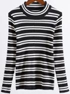 Romwe Black And White Striped Round Neck Knitwear