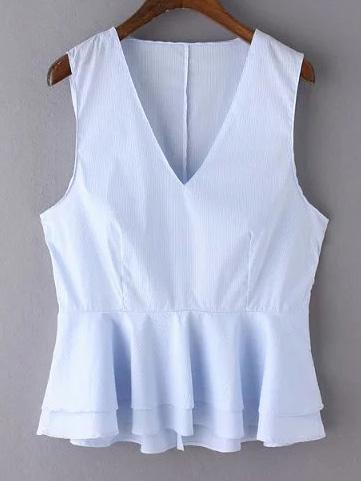 Romwe Blue Striped V Neck Sleeveless Ruffle Blouse
