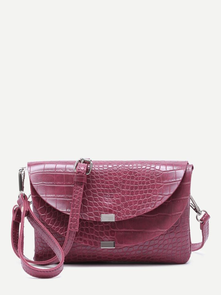 Romwe Maroon Croc Embossed Leather Flap Envelope Bag