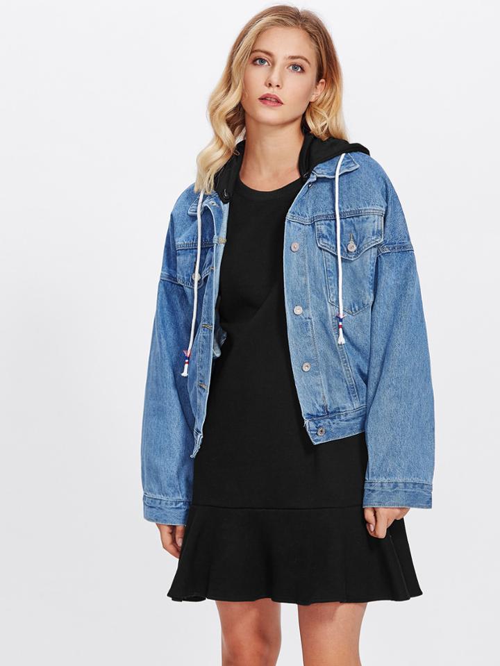 Romwe Drop Shoulder Elastic Hem Denim Jacket