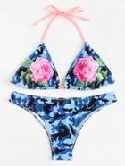 Romwe Self Tie Rose Print Bikini Set