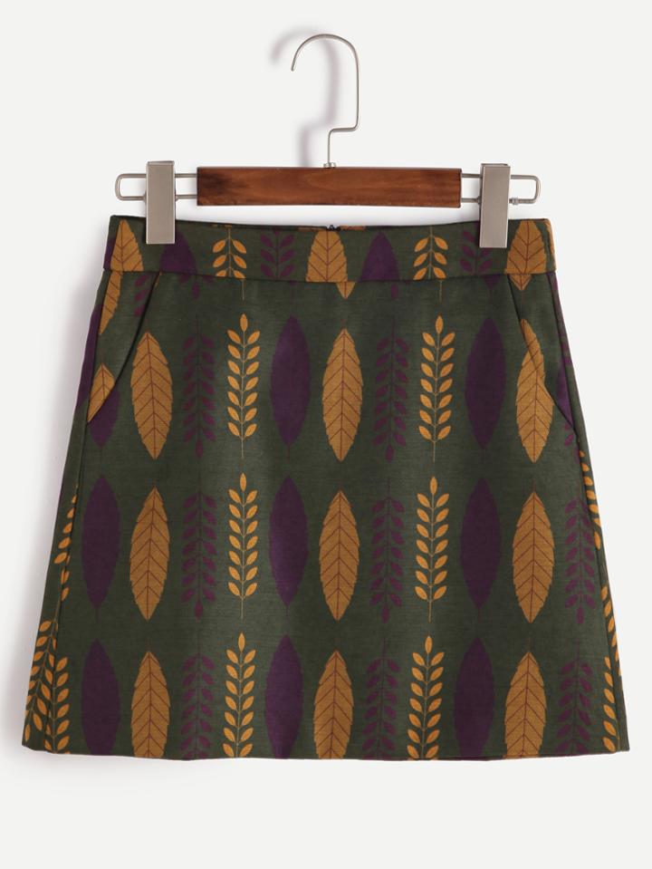 Romwe Green Leaf Print Zipper Detail Skirt