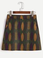 Romwe Green Leaf Print Zipper Detail Skirt