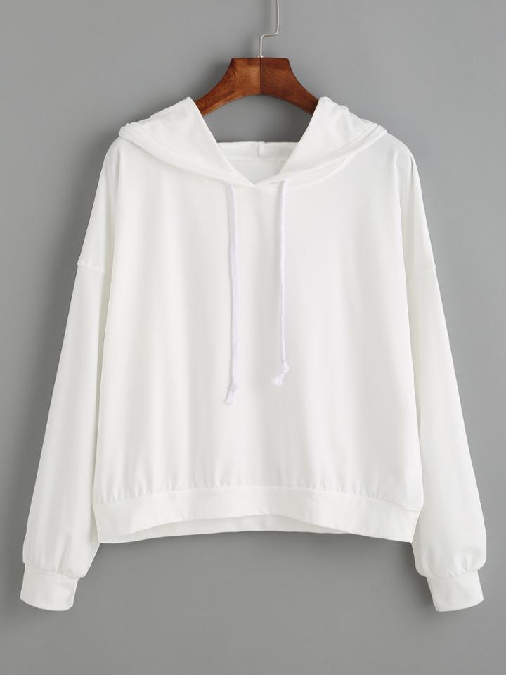 Romwe White Long Sleeve Hooded Sweatshirt