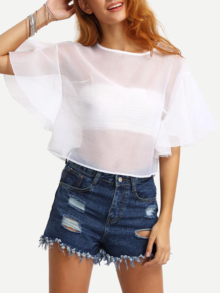 Romwe Bell Sleeve Sheer Mesh Blouse