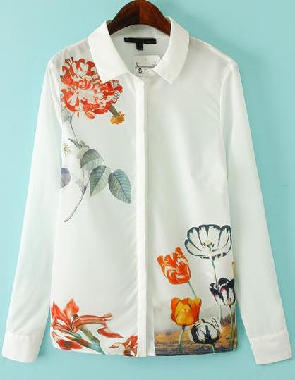Romwe Floral Print White Blouse