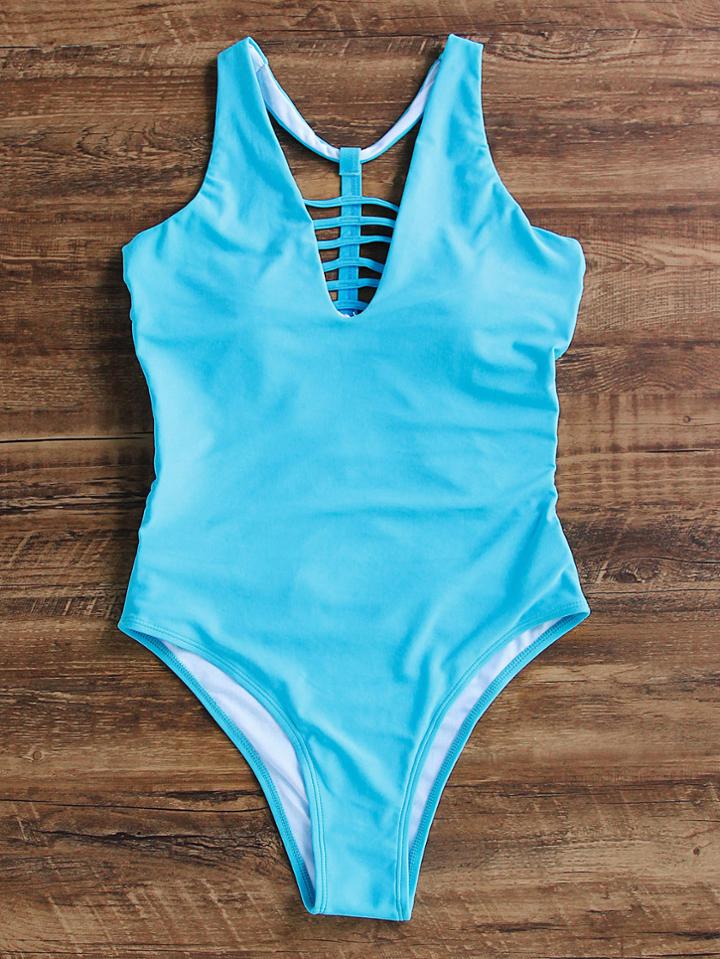 Romwe Jade Blue Cutout Back One-piece Swimwear