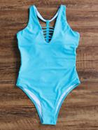 Romwe Jade Blue Cutout Back One-piece Swimwear