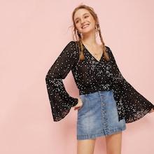 Romwe Polka Dot Print Flounce Sleeve Sheer Blouse