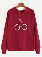 Romwe Burgundy Glasses Print Drawstring Hooded Pocket Sweatshirt