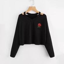 Romwe Plus V Neck Embroidered Sweatshirt