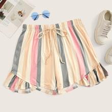 Romwe Plus Ruffle Hem Colourful Stripe Shorts
