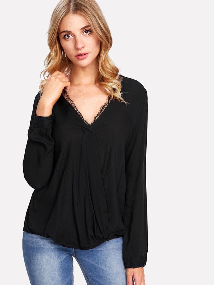 Romwe Lace Insert Surplice Wrap Top
