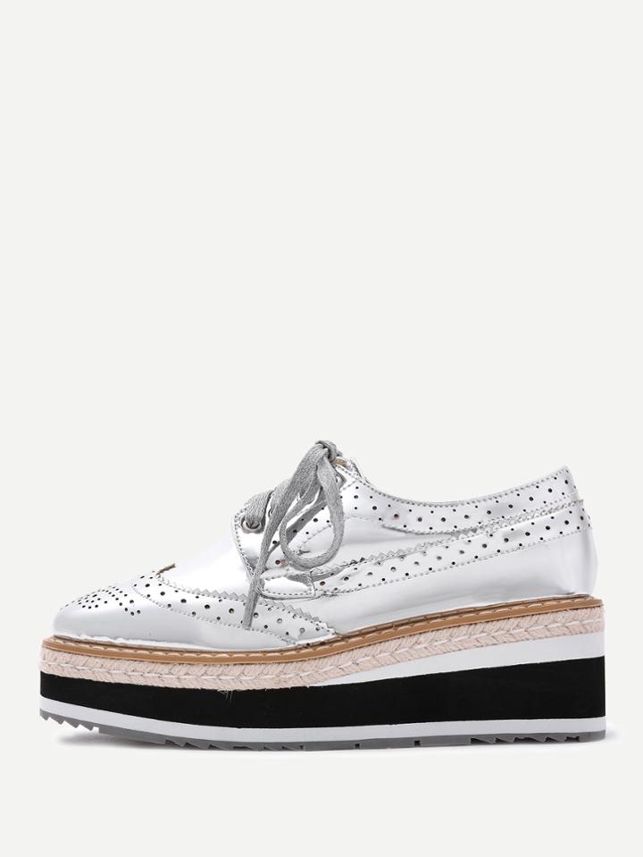Romwe Laser Cut Pu Lace Up Wedges