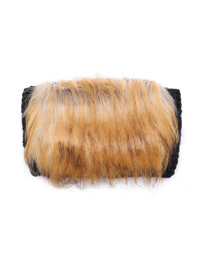 Romwe Black Chunky Knit Faux Fur Embellished Hat