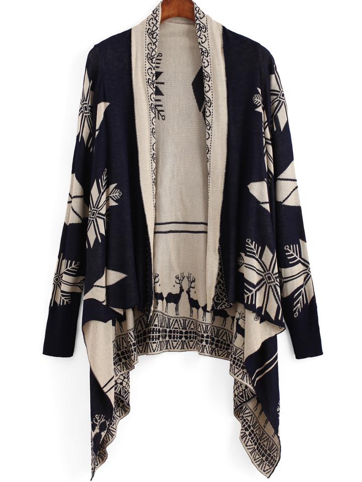 Romwe Navy Long Sleeve Deer Print Cardigan