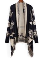 Romwe Navy Long Sleeve Deer Print Cardigan