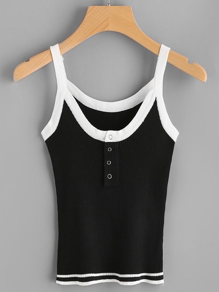 Romwe Contrast Trim Eyelet Detail Ribbed Knit Cami Top