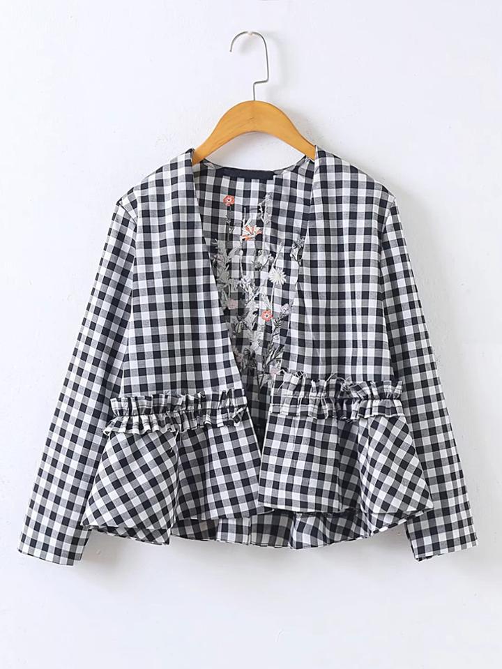 Romwe Embroidery Back Checkered Frill Trim Open Front Top