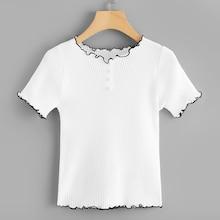 Romwe Ribbed Frill Ringer Pearls Tee