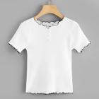 Romwe Ribbed Frill Ringer Pearls Tee